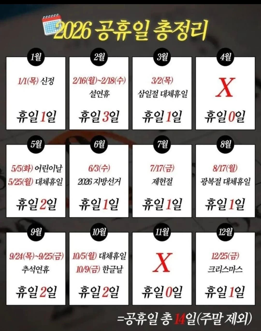 직장인 필독! 2026년 공휴일 및 연휴 달력 (선거일, 설날, 추석 정보)