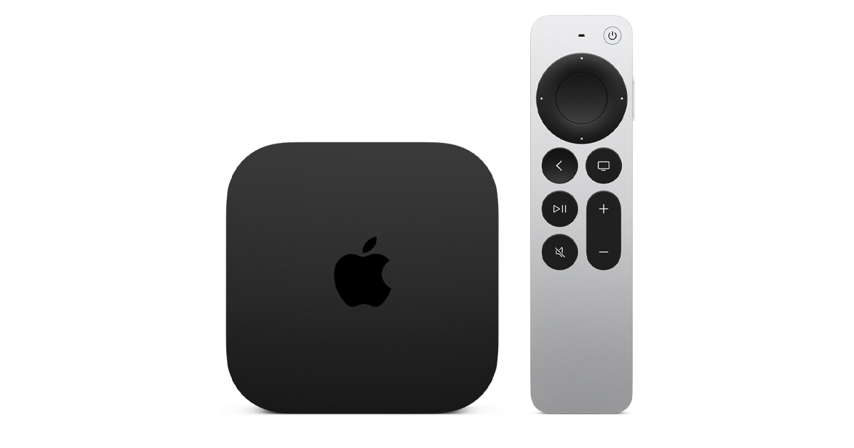현재 애플 TV 4K 본체와 실버 리모컨의 공식 제품 사진