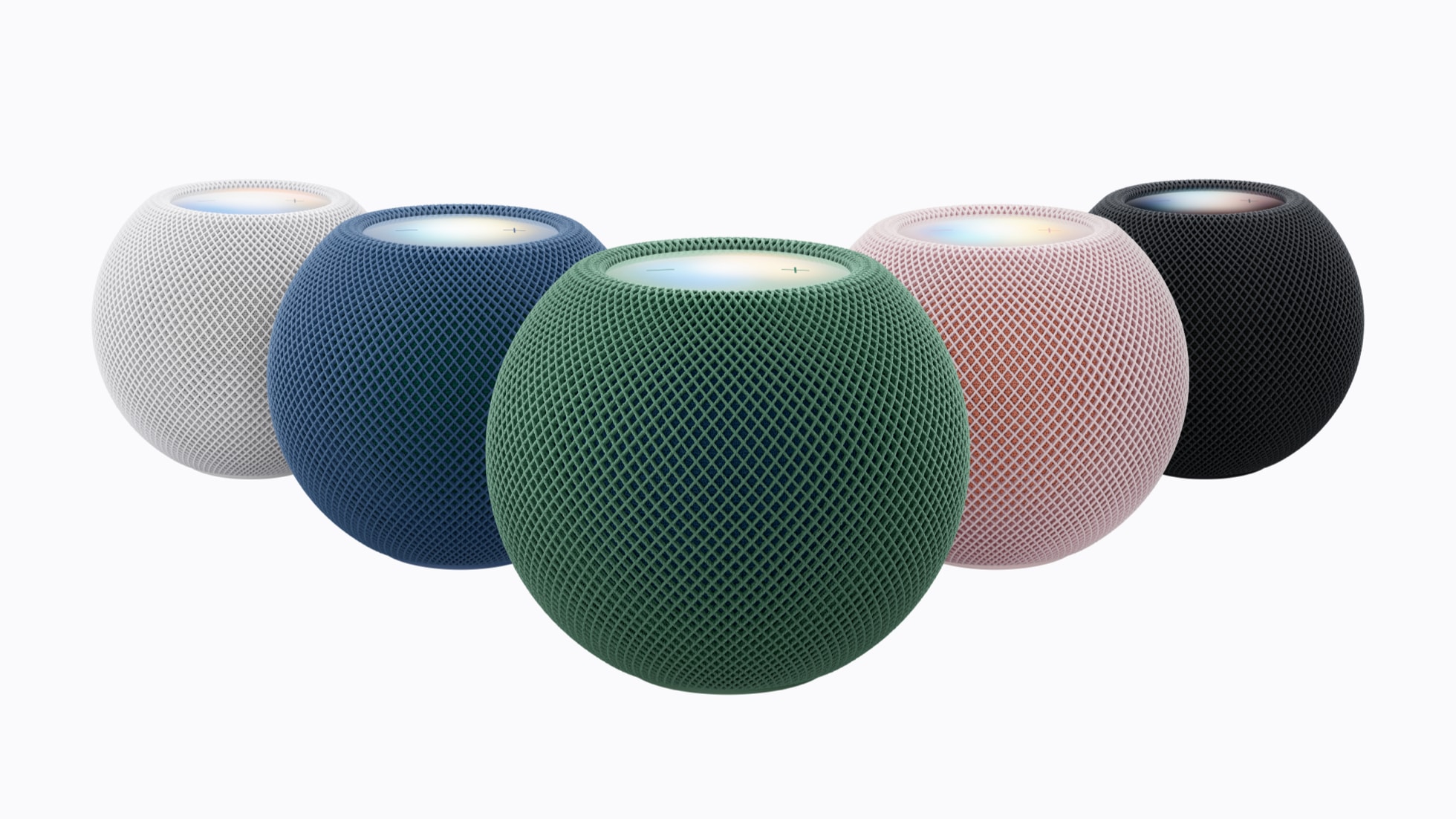 흰색·파란색·초록색·분홍색·미드나이트 HomePod mini 2 다섯 색상의 공식 제품 이미지