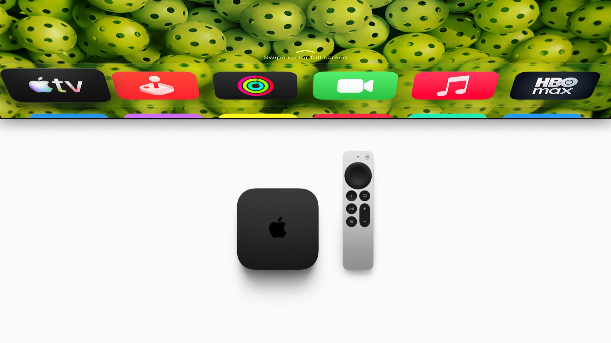 Apple TV 4K 4세대 본체와 Siri Remote 4세대를 나란히 보여주는 공식 제품 사진