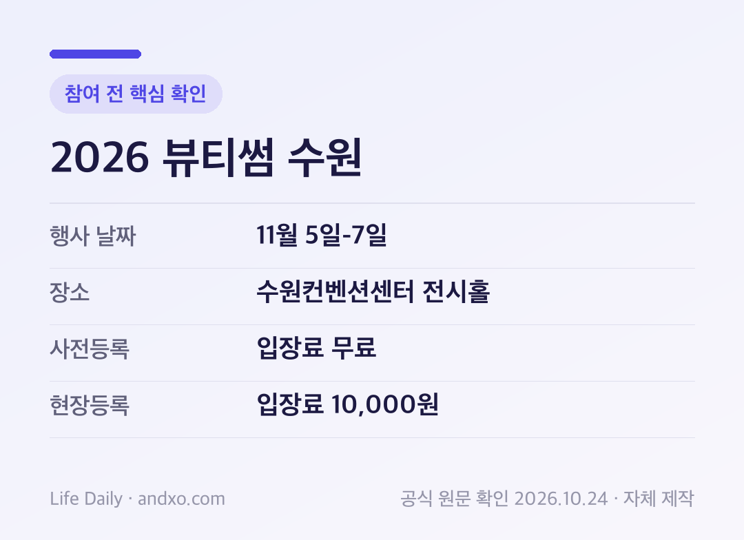 2026 뷰티썸 수원 참여 전 핵심 확인: 행사 날짜 11월 5일-7일, 장소 수원컨벤션센터 전시홀, 사전등록 입장료 무료, 현장등록 입장료 10,000원