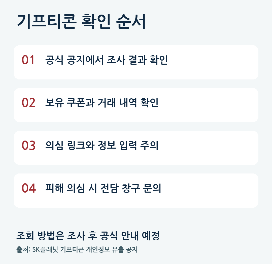 SK플래닛 기프티콘 유출 정황 확인 순서: 공식 공지 확인, 내 쿠폰 사용 내역 확인, 의심 링크 주의, 피해 시 전담 창구 문의