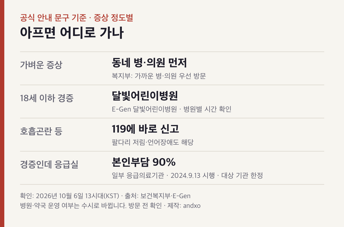 증상별 이용 선택표: 가벼운 증상은 동네 병·의원, 18세 이하 경증은 달빛어린이병원, 호흡곤란 등은 119 신고, 경증인데 일부 응급의료기관 응급실을 가면 본인부담 90%