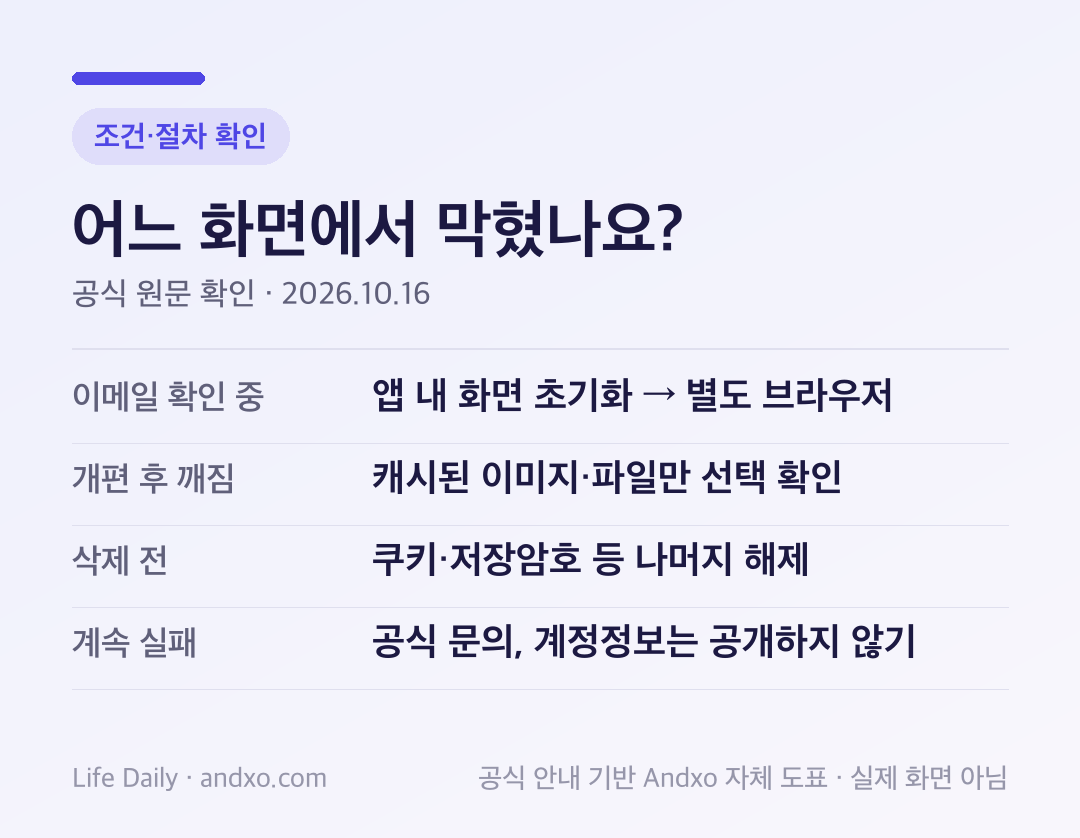 털린 내 정보 찾기 오류 분기: 이메일 확인 중 앱 화면 초기화는 별도 Chrome·Safari 브라우저로, 개편 후 화면 깨짐은 캐시된 이미지·파일만 선택하고 나머지는 해제 후 재실행