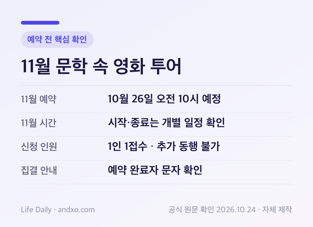 11월 문학 속 영화 투어 예약 전 핵심 확인: 11월 예약 10월 26일 오전 10시 예정, 11월 시간 시작·종료는 개별 일정 확인, 신청 인원 1인 1접수 · 추가 동행 불가, 집결 안내 예약 완료자 문자 확인