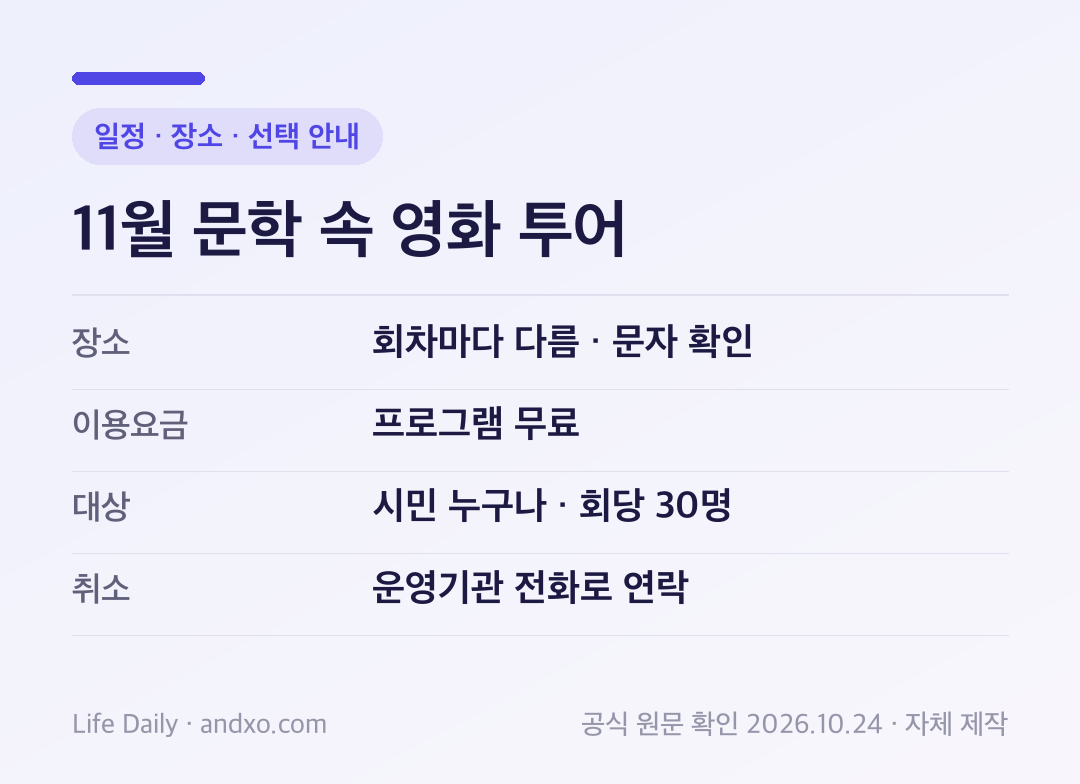 11월 문학 속 영화 투어 일정 · 장소 · 선택 안내: 장소 회차마다 다름 · 문자 확인, 이용요금 프로그램 무료, 대상 시민 누구나 · 회당 30명, 취소 운영기관 전화로 연락