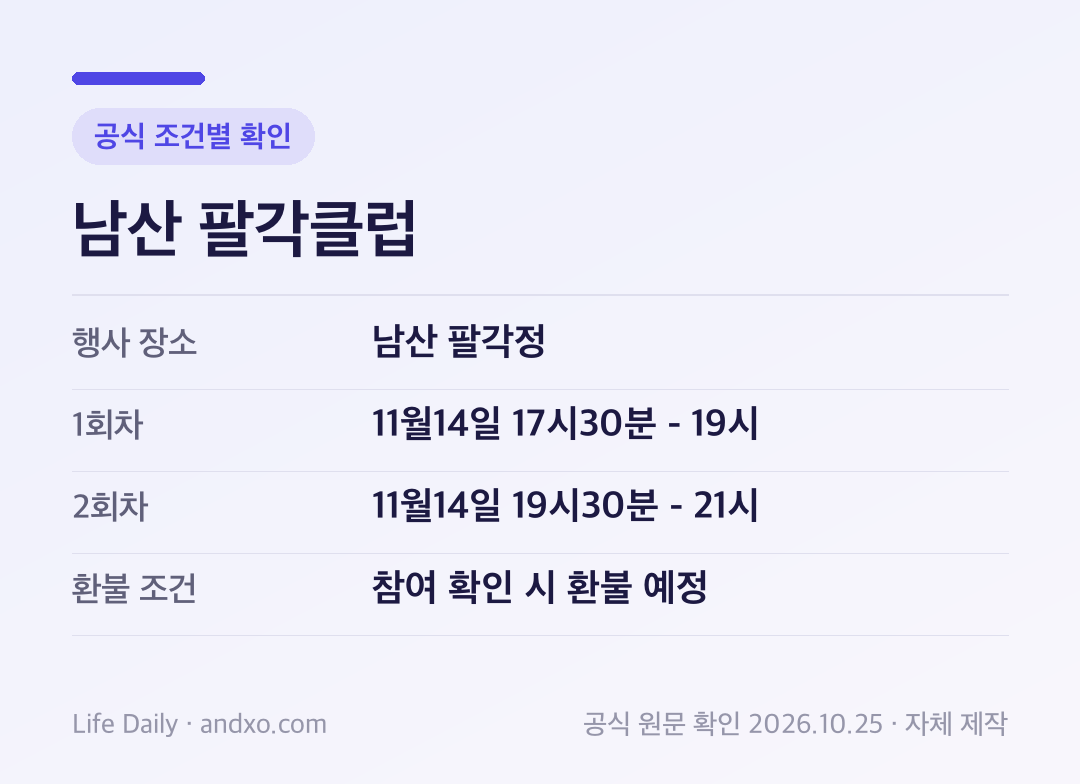 남산 팔각클럽 세부 조건: 행사 장소 남산 팔각정, 1회차 11월14일 17시30분 - 19시, 2회차 11월14일 19시30분 - 21시, 환불 조건 참여 확인 시 환불 예정