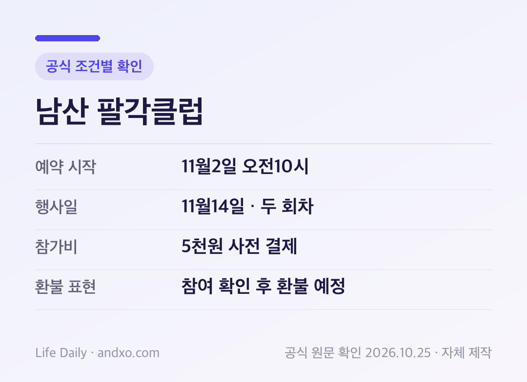 남산 팔각클럽 핵심 신청 조건: 예약 시작 11월2일 오전10시, 행사일 11월14일 · 두 회차, 참가비 5천원 사전 결제 · 단위 미확인, 환불 표현 참여 확인 후 환불 예정