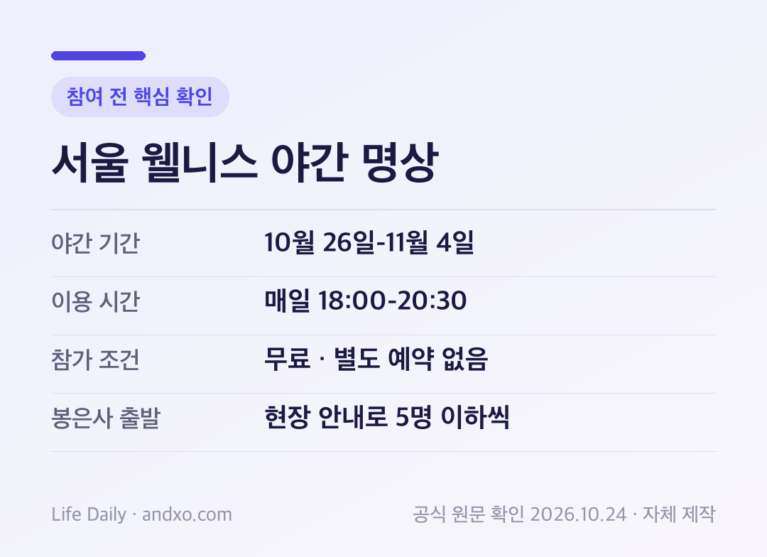 서울 웰니스 야간 명상 참여 전 핵심 확인: 야간 기간 10월 26일-11월 4일, 이용 시간 매일 18:00-20:30, 참가 조건 무료 · 별도 예약 없음, 봉은사 출발 현장 안내로 5명 이하씩