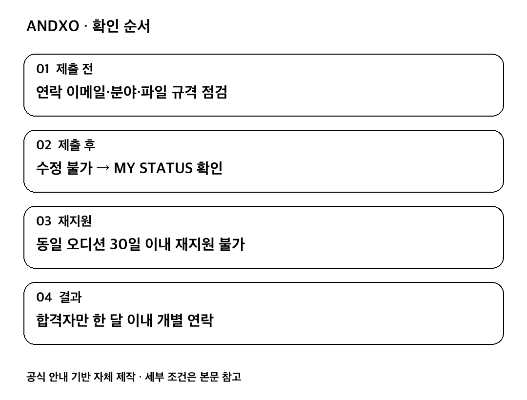 제출 전: 연락 이메일·분야·파일 규격 점검; 제출 후: 수정 불가 → MY STATUS 확인; 재지원: 동일 오디션 30일 이내 재지원 불가; 결과: 합격자만 한 달 이내 개별 연락