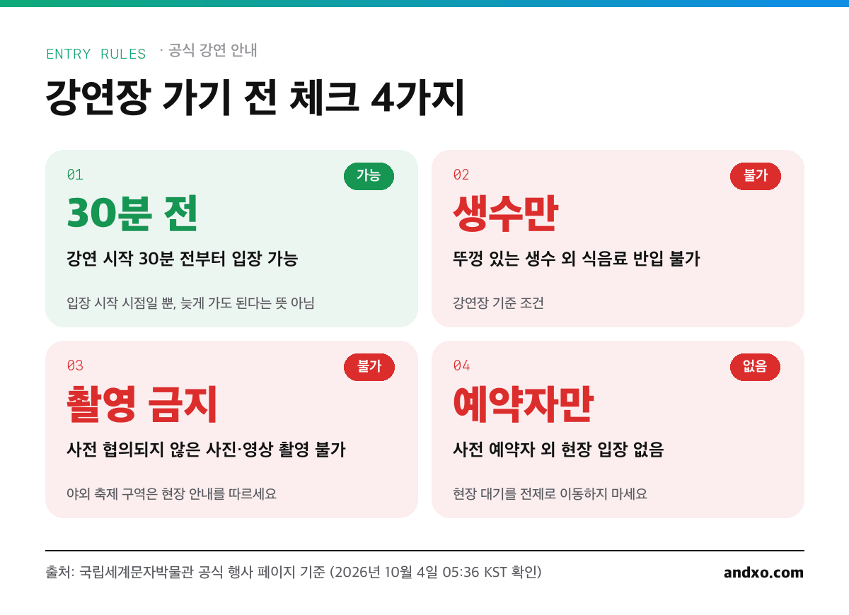 강연장 체크 4가지 인포그래픽: 시작 30분 전부터 입장, 뚜껑 있는 생수 외 식음료 반입 불가, 사전 협의 없는 촬영 불가, 사전 예약자 외 현장 입장 없음
