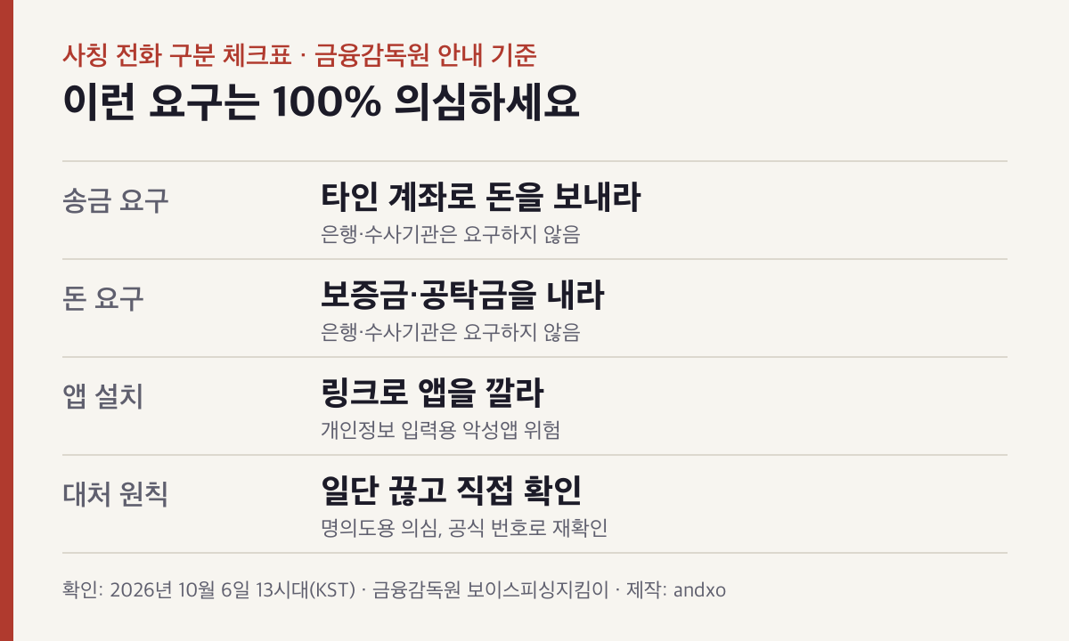 사칭 전화 구분 체크표: 타인 계좌 송금 요구, 보증금·공탁금 요구, 링크로 앱 설치 요구는 모두 의심 대상이고, 일단 끊고 공식 번호로 직접 확인하는 것이 원칙